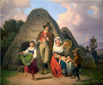 Southern shepherd family in front of a straw hut with dancing children - Theodor Leopold Weller