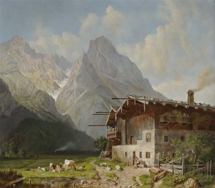 Farm in front of Garmisch. In the background the Wetterstein Mountains - Генрих Бюркель