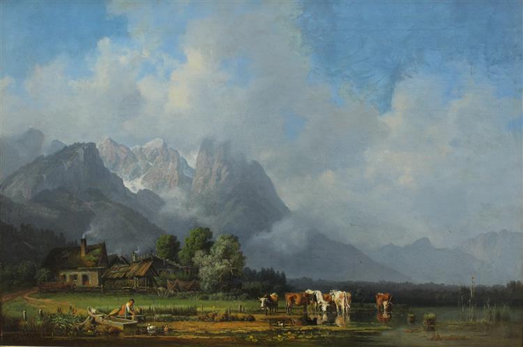 Lake with Village - Heinrich Bürkel