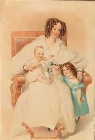 A portrait of a young mother with her son and daughter, 1838 - Alexander Clarot