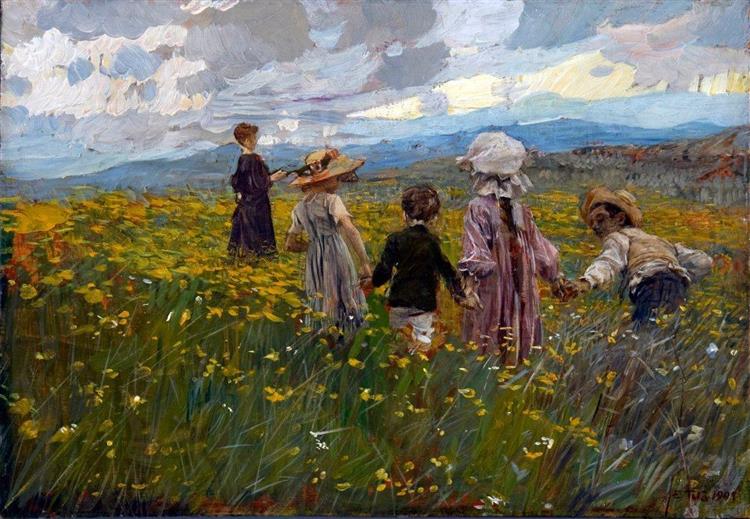 Meadow in Bloom (Children on the Asiago Plateau), 1901 - Этторе Тито