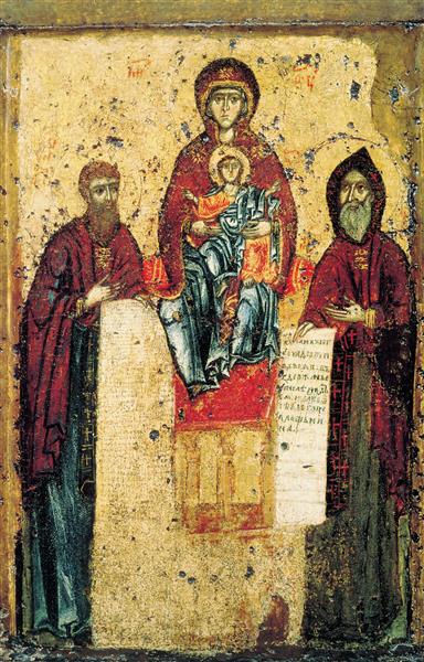Theotokos of the Caves (Svensk) with the Monks Anthony and Theodosius of the Caves, 1288 - Orthodox Icons