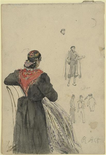 Dalmatian woman; in the background there are sketches of four men, 1841 - Rudolf von Alt