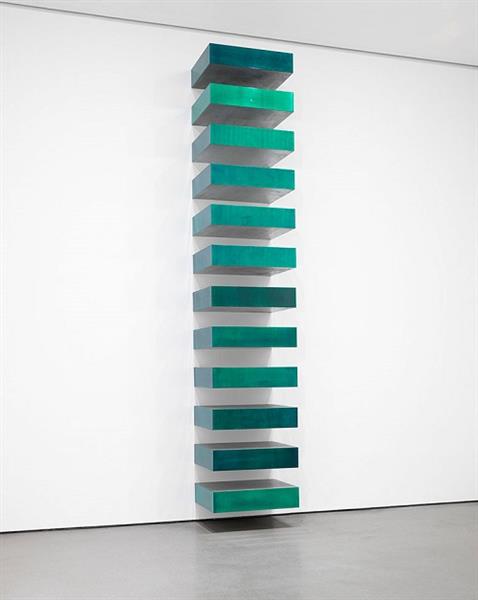 Donald Judd, Untitled, 1967. Green lacquer on galvanized iron, each unit 9” x 40” x 31”. Museum of Modern Art, New York.