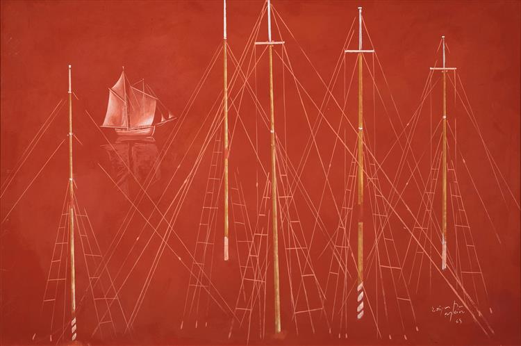 Boat and Masts on Red Background, 1965 - Spyros Vassiliou