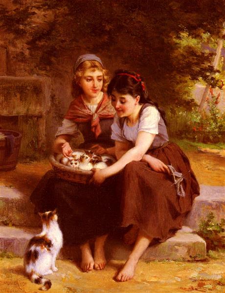 Two girls with a basket of kittens, 1895 - Émile Munier