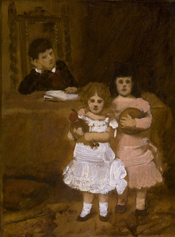Two little girls with a ball and doll and a reading boy, c.1874 - Karl Gussow