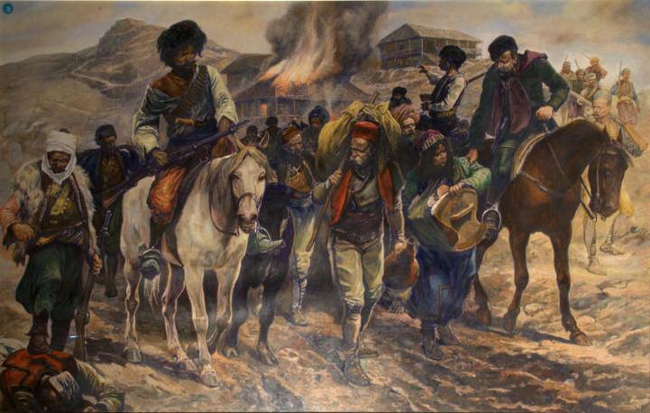 Cheta of Boris Sarafov, the Revolt in the Balkans, Macedonian Rebels Carrying off Albanian Villagers near Monastir, 1902 - Richard Caton Woodville Jr.