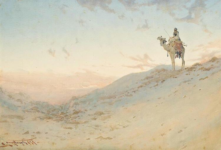 An Arab on a Camel Surveying the Desert at Dusk - Augustus Osborne Lamplough