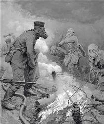 A British raid on the German lines through clouds of poison gas (1st July 1916) - Fortunino Matania