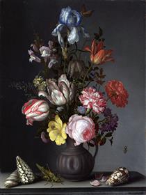 Flowers in a Vase with Shells and Insects - Balthasar van der Ast