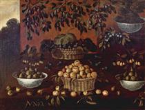 An Allegory Of The Month Of June. Still Life Of Apples, Plums, Figs And Blackberries In Wicker Baskets And Porcelain Bowls, Arranged On A Stepped Ledge, With Branches Of Plums Suspended From Above - Франсіско Баррера