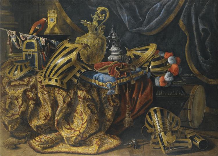 Pieces of parade armour, a plumed helmet, a pistol in a case, a gilt ewer, a silver perfume burner, a jewellery box, a trumpet and a flag on a cassone, with a parrot, a pillar clock on a pedestal and a drum and mace on the floor - Madeleine Boullogne