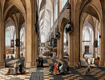 A church interior with elegant figures strolling and figures attending mass - Pieter Neefs I