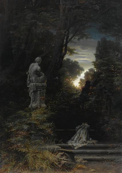 A Woman at a Fountain with Rising Moon, 1866 - Ferdinand Knab