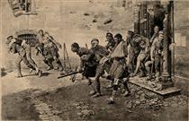 Soldiers escorting wounded men from a war damaged building - Fortunino Matania
