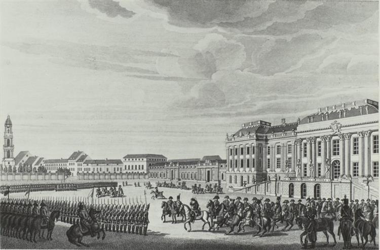 Parade on pleasure garden, city castle Potsdam on the right side, Germany (after J. S. Ringck), c.1806 - Франц Людвиг Катель