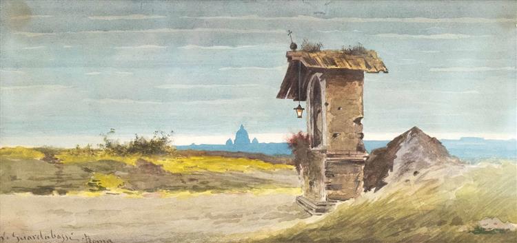 Path chapel with a view of St. Peter in Rome in the evening light - Guerrino Guardabassi