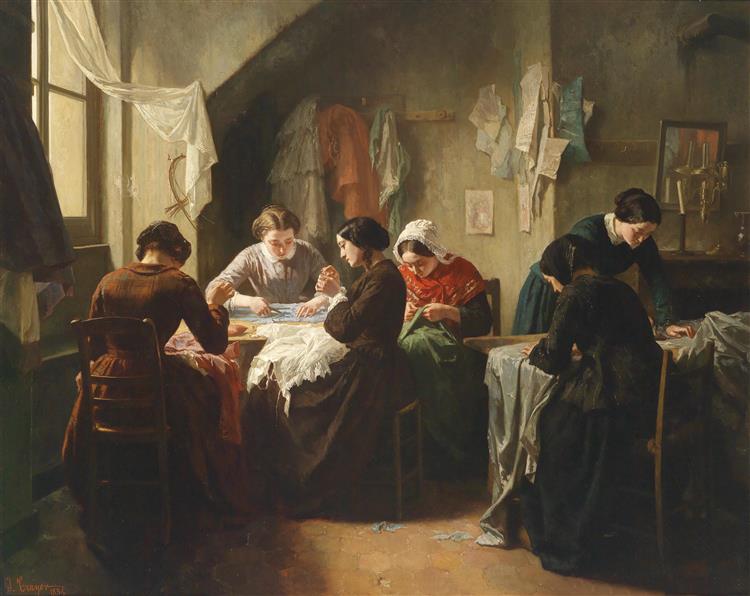 Breton seamstresses working in a sewing workshop, 1854 - Jules Trayer