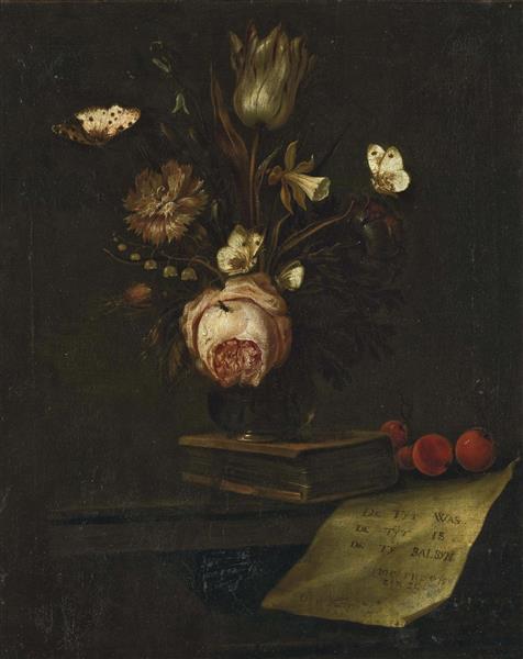 Tulip, carnation, daffodil and anemone in a vase placed on a book on a table surrounded by butterflies - Otto Marseus van Schrieck