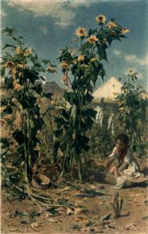 Two Hungarian Peasant Children with Sunflowers - Август фон Петтенкофен