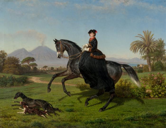 Queen Marie riding in front of Pozzuoli on the Gulf of Naples in front of Vesuvius, 1860 - Filippo Palizzi