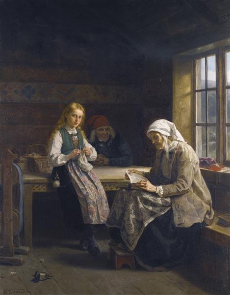 A Hardanger interior, young girl knitting, 1874 - Адольф Тидеманд