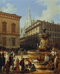 Street view from Milan, in the background the Duomo - Angelo Inganni