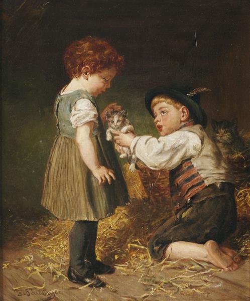 Two children with kittens in the stable - Felix Schlesinger