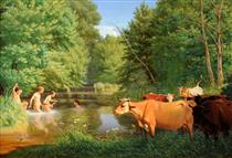 Cows Grazing Near a River Encounter Naked Swimmers - Jørgen Sonne