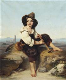 Shepherd boy playing the flute in the Roman Campagna - Leopold Pollak