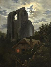 Ruins of the Eldena Monastery with cottage near Greifswald in Moonlight - Carl Gustav Carus