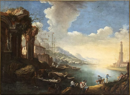 Coastal view with boats, fishermen and lighthouse in the background - Claude Lorrain
