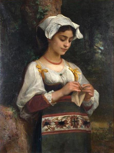 Young girl knitting in a wooded landscape, 1869 - Diogène Maillart