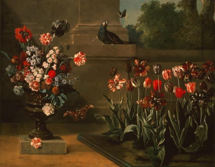 Bed of tulips and vase of flowers at the foot of a wall, 1744 - Жан-Батіст Одрі