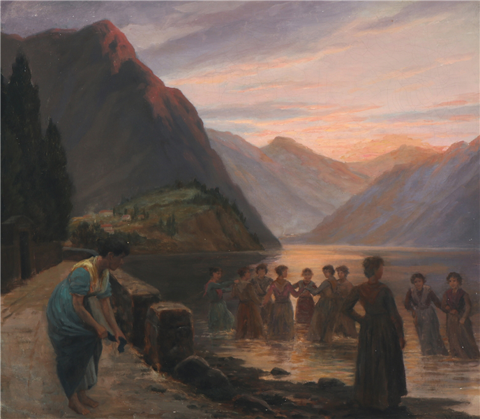 Italian lakeside with dancing women at eventide - Wenzel Tornøe