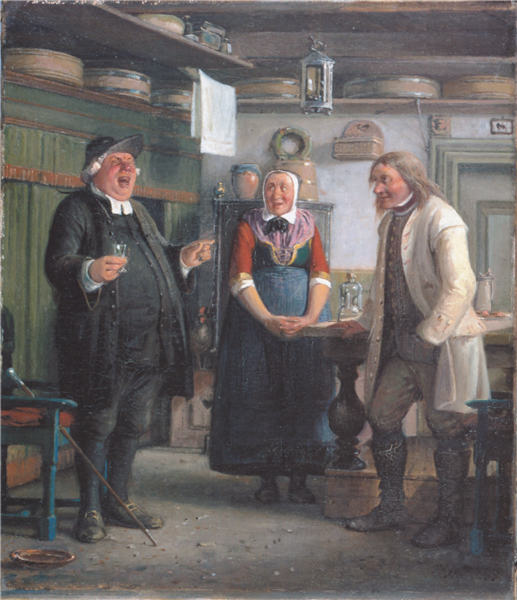 Per Degn ("Per, the deacon") sings for a glass of akvavit, An incident from the Ludvig Holberg comedy, Erasmus Montanus (Act 1, scene 4), 1865 - Wilhelm Marstrand