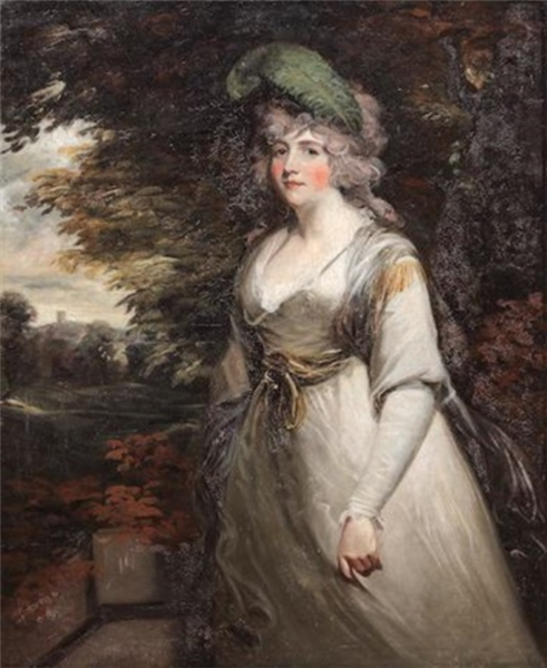 Portrait of Lady Boothby, three-quarter-length, in a grey dress and with a plume in her hair, standing in a landscape - John Hoppner