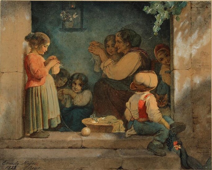 A knitting lesson, 1858 - Ernst Meyer