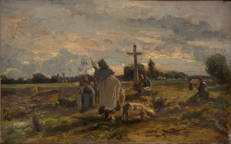Women spinning near a shrine on the edge of a field - Jules Breton
