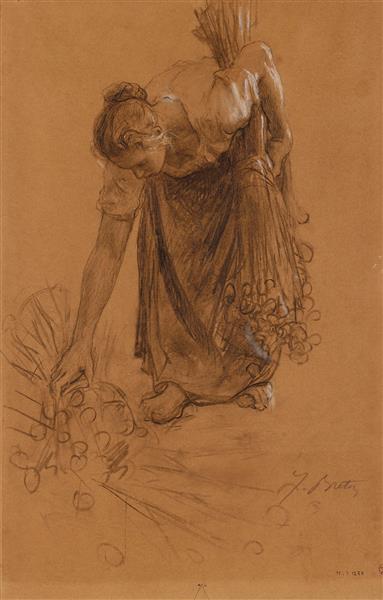 Peasant woman picking up a sheaf of carnations, 1895 - 1896 - Жюль Бретон