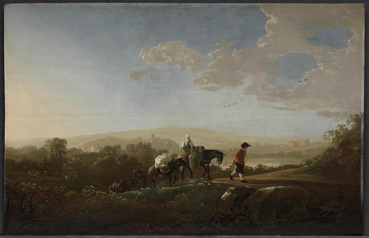 Travelers In Hilly Countryside - Aelbert Cuyp