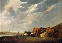 Cattle near the Maas, with Dordrecht in the distance - Aelbert Cuyp