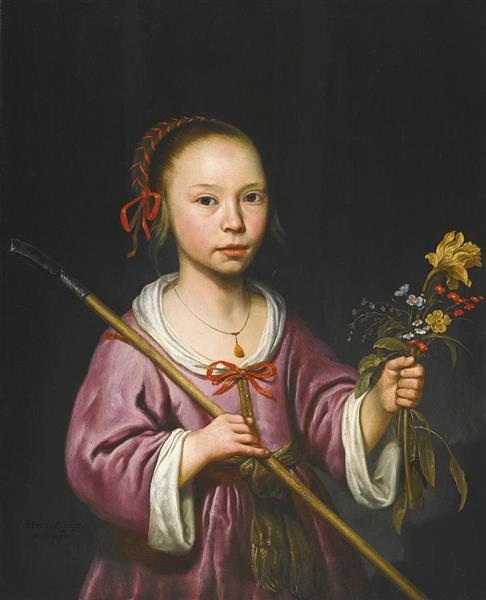 Portrait of a young girl as a Shepherdess holding a Sprig of Flowers - Albert Jacob Cuyp