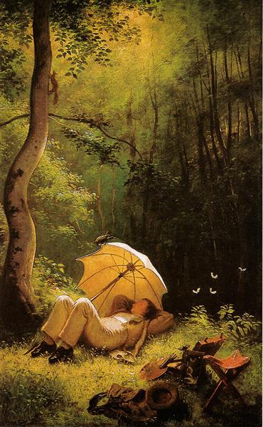 The Painter In A Forest Glade Lying Under An Umbrella - Carl Spitzweg