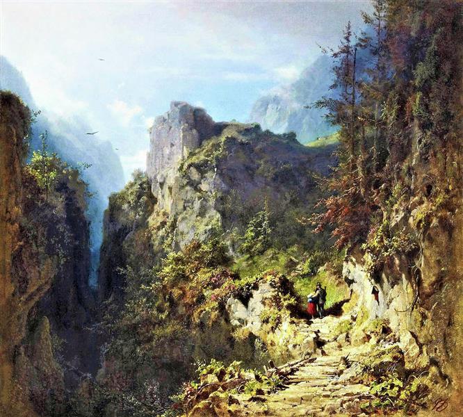 Mountain Landscape with Lovers - 卡爾·施皮茨韋格
