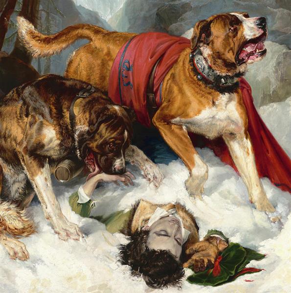 Alpine Mastiffs Reanimating a Distressed Traveler, 1820 - Едвін Генрі Ландсір