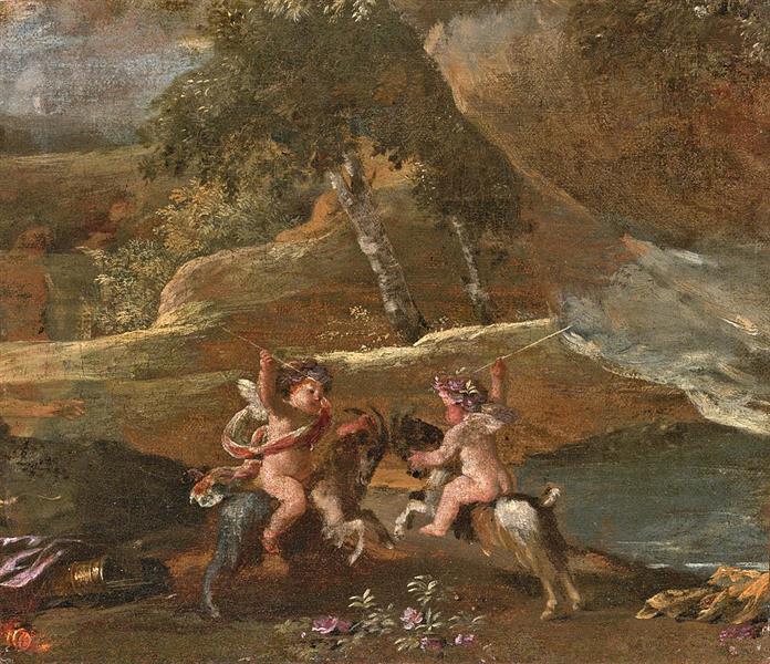 Two putti fighting mounted on goats - Nicolas Poussin