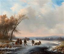 Strollers and skaters on the ice - Cornelis Kimmel