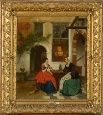 Two young women sitting in the yard of a house - Hubertus van Hove